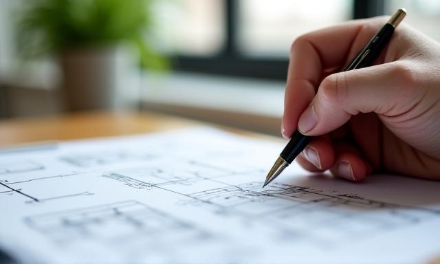 Consultor revisando documentos legales de arquitectura sostenible